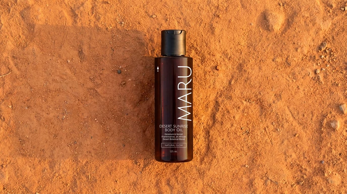 Maru Desert Sunrise body oil bottle in desert sand