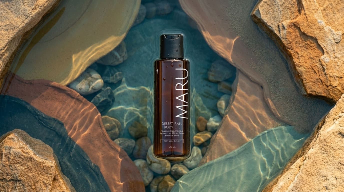 Maru Desert Rain body oil bottle in water